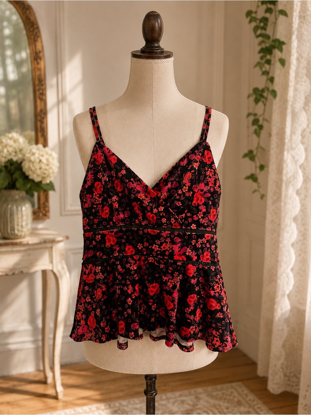 Francesca's Collections Black Floral Red Spaghetti Strap Peplum Top